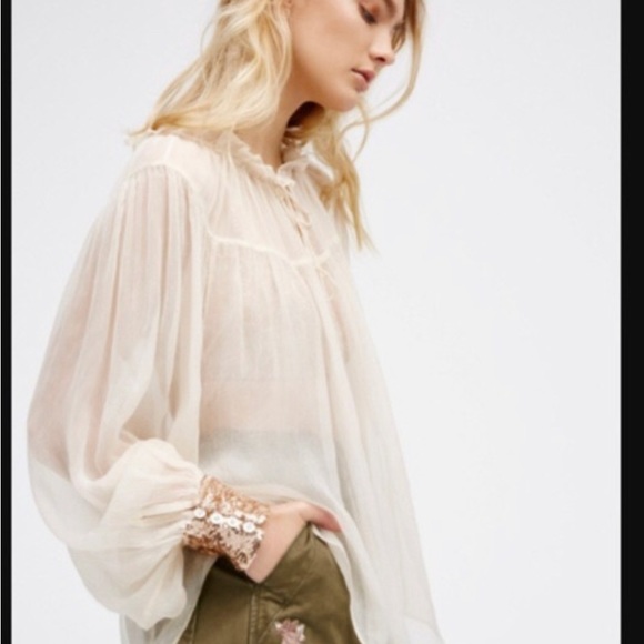 Free People Tops - Free people Dream cuff blouse in ivory Sheer Gold Sequin detailing L?